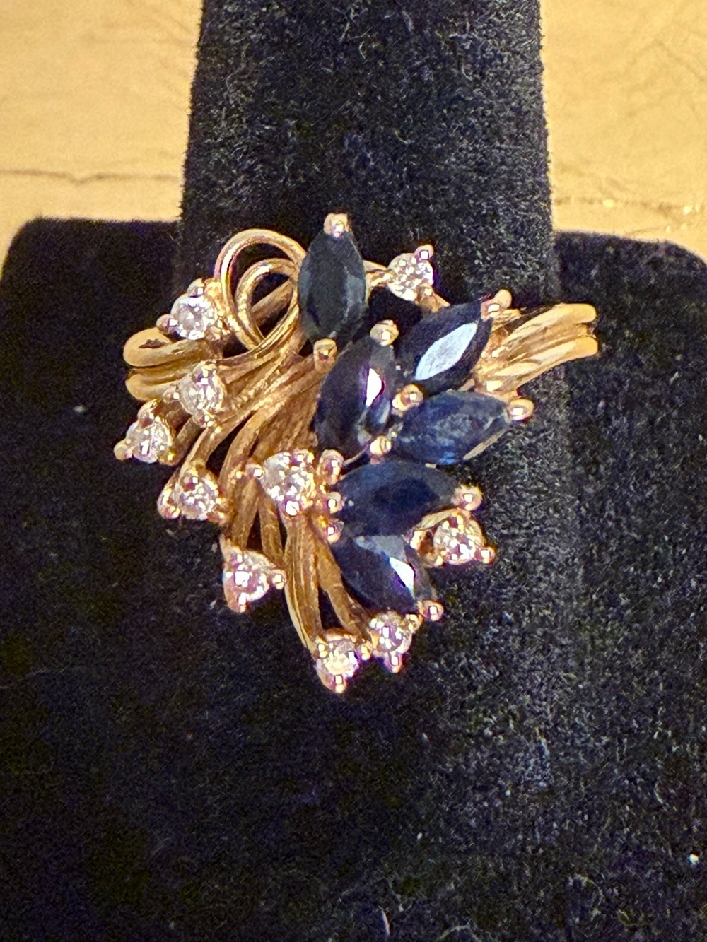 Vintage 14K Yellow Gold Marquise Sapphire Diamond Cluster Cocktail Ring Sz 6.5